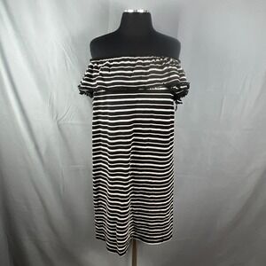 Loft Dress Womens XS White Black Striped Stretch Ruffle Tube Off The Shoulder